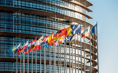 Europaparlamentet, Strasbourg, Frankrike, Europeiska Unionen, byggnad, flaggor i EU-l&#228;nderna, Europa