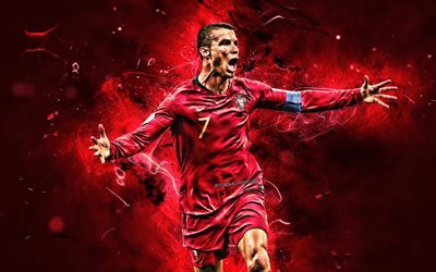 Cristiano Ronaldo, Portugal National Team, goal, soccer, CR7, neon lights, joy, Portuguese football team