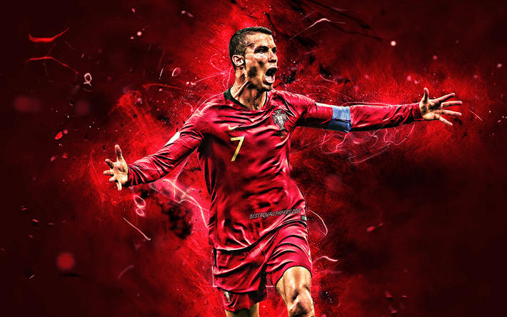 Cristiano Ronaldo, Portugal Equipa Nacional, meta, futebol, CR7, luzes de neon, alegria, Equipe de futebol portugu&#234;s