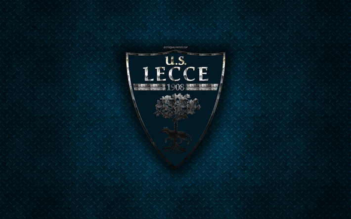 US Lecce italiano, club de f&#250;tbol, de metal azul textura de metal, logotipo, emblema, Lecce, Italia, Serie B, creativo, arte, f&#250;tbol