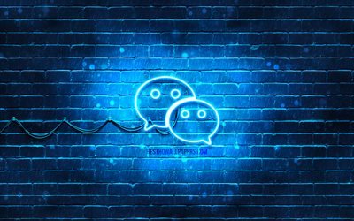 Logotipo azul wechat, 4k, parede de tijolos azuis, logotipo wechat, redes sociais, logotipo wechat neon, WeChat