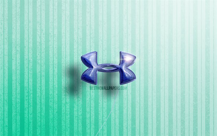 4k, logo Under Armour 3D, palloncini blu realistici, marchi sportivi, logo Under Armour, sfondi in legno blu, Under Armour