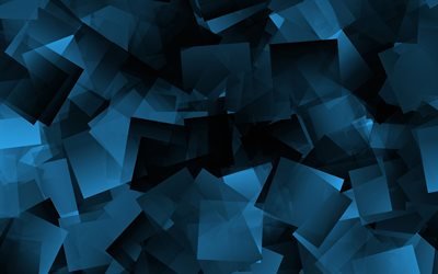青い正方形の抽象化, 濃い青の抽象的な背景, 黒の背景に青い四角, 青い抽象化