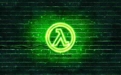 Logo vert Half-Life, 4k, mur de briques vert, logo Half-Life, jeux 2020, logo n&#233;on Half-Life, Half-Life