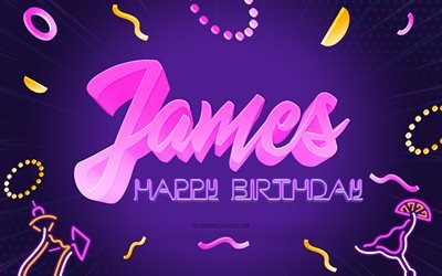 Buon compleanno James, 4k, Sfondo festa viola, James, arte creativa, Nome James, Compleanno James, Sfondo festa di compleanno