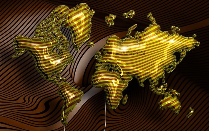 ゴールデンリアリスティックバルーンの世界地図, 4k, 3Dマップ, 世界地図の概念, 茶色の3D背景, 金色の風船, creative クリエイティブ, ワールドマップ, 緑の世界地図, 世界地図