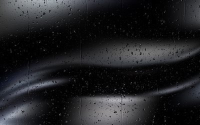 eau sur verre, 4k, arri&#232;re-plans flous, macro, fond ondul&#233; noir, gouttes d&#39;eau sur verre, textures d&#39;eau, fond noir