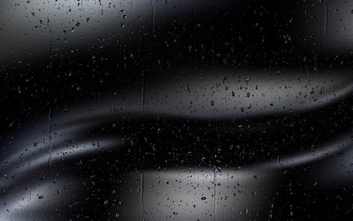 water on glass, 4k, blurred backgrounds, macro, black wavy background, water drops on glass, water textures, black backgrounds