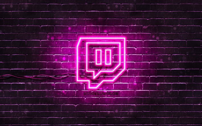 Twitchの紫のロゴ, 4k, 紫brickwall, Twitchのロゴ, 社会的ネットワーク, Twitchのネオンのロゴ, Twitch
