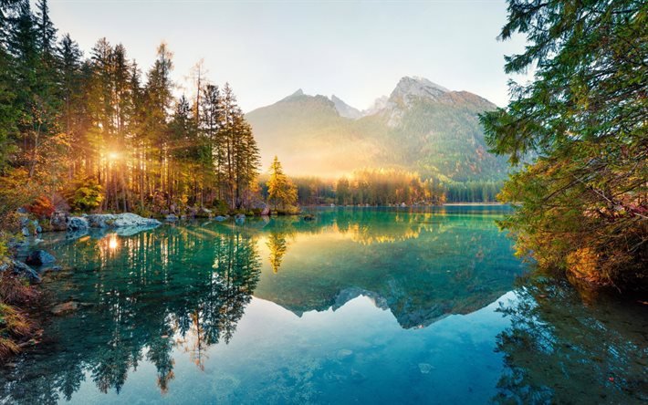 lac de montagne, matin, lever du soleil, for&#234;t, lac &#233;meraude, paysage de montagne