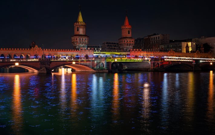 Ponte di Oberbaum, 4K, Berlino, paesaggi notturni, paesaggi urbani, citt&#224; tedesche, Germania, Europa, fiume Sprea