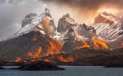 Andes, Patagonia, evening, sunset, rocks, mountain landscape, bay, ocean