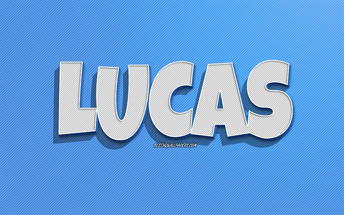 Lucas, fond de lignes bleues, fonds d&#39;&#233;cran avec noms, nom de Lucas, noms masculins, carte de voeux Lucas, dessin au trait, photo avec nom de Lucas