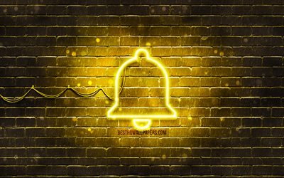 Bell neon icon, 4k, yellow background, neon symbols, Bell, creative, neon icons, Bell sign, holidays signs, Bell icon, holidays icons