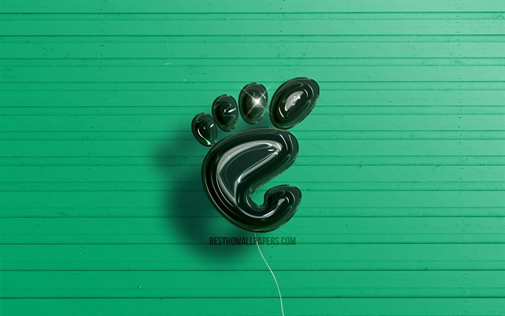 Logo Gnome 3D, 4K, palloncini realistici verde scuro, Linux, logo Gnome, sfondi in legno verde, Gnome