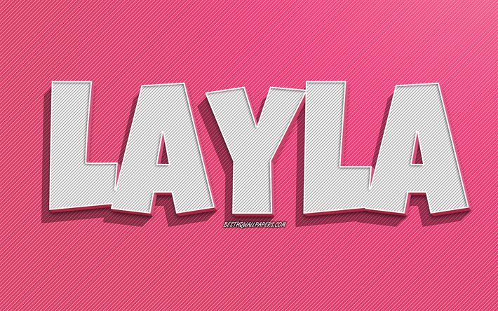 Layla, rosa linjer bakgrund, bakgrundsbilder med namn, Layla namn, kvinnliga namn, Layla gratulationskort, konturteckningar, bild med Layla namn