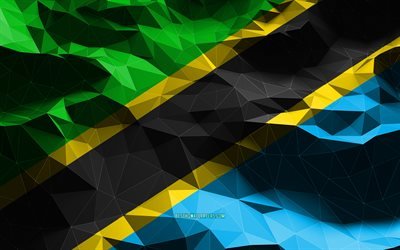 4k, Tanzanya bayrağı, d&#252;ş&#252;k poli sanat, Afrika &#252;lkeleri, ulusal semboller, Tanzanya Bayrağı, 3D bayraklar, Tanzanya, Afrika, Tanzanya 3D bayrak