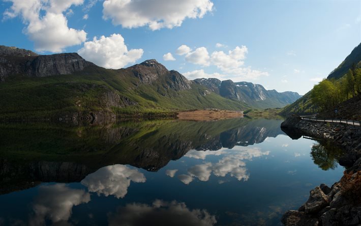 フォルサンド, 4k, 夏。, 山地, 美しい自然, フィヨルド, ノルウェー, ヨーロッパ, 湖