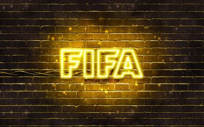 FIFA yellow logo, 4k, yellow brickwall, FIFA logo, football simulator, FIFA neon logo, FIFA