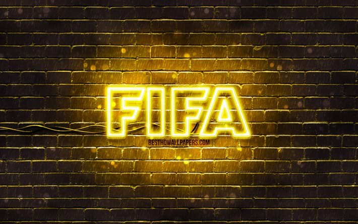 FIFA黄色のロゴ, 4k, 黄色のブリックウォール, FIFAロゴ, サッカーシミュレーター, FIFAネオンロゴ, 国際サッカー連盟