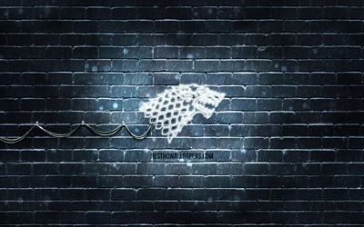 Emblema da Casa Stark, 4k, parede de tijolos cinza, Game Of Thrones, obras de arte, Casas de Game of Thrones, logotipo da House Stark, House Stark, &#237;cones de neon, sinal da House Stark