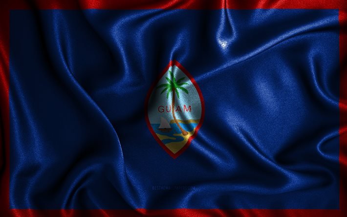Bandiera di Guam, 4K, bandiere ondulate di seta, paesi dell&#39;Oceania, simboli nazionali, bandiere in tessuto, arte 3D, Guam, Oceania, Bandiera 3D di Guam