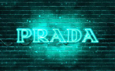 Logo turchese Prada, 4k, muro di mattoni turchese, logo Prada, marchi di moda, logo neon Prada, Prada
