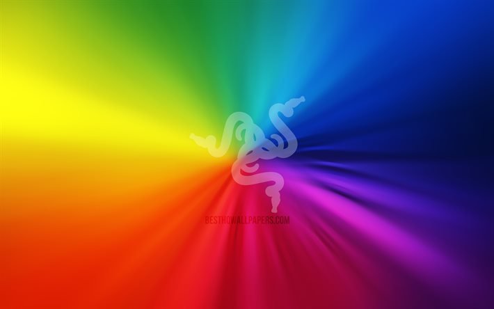 Razerロゴ, 4k, vortex, 虹の背景, creative クリエイティブ, アートワーク, ブランド, Razer
