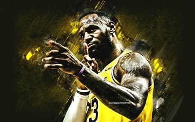 Lebron James, Los Angeles Lakers, NBA, american basketball player, portrait, basketball, yellow stone background