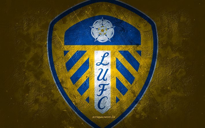 Leeds FC, club de football anglais, fond de pierre jaune, logo Leeds FC, art grunge, Premier League, football, Angleterre, embl&#232;me de Leeds FC