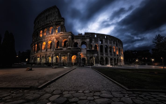 ローマ, コロッセオ, 夜, ランドマークのローマの