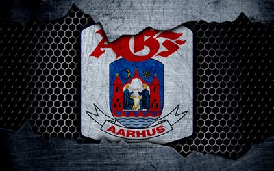 Aarhus, 4k, logo, MLS, soccer, Danish Superliga, football club, Denmark, grunge, metal texture, Aarhus FC