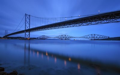 Forth Bridge, Firth of Forth, Edinburgh, river, sunset, kv&#228;ll, Skottland, Storbritannien