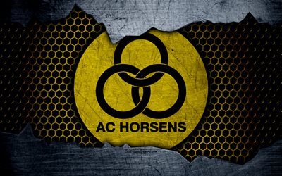 Horsens, 4k, logo, MLS, il calcio, il Campionato danese, club di calcio, Danimarca, AC Horsens, grunge, struttura del metallo, Horsens FC