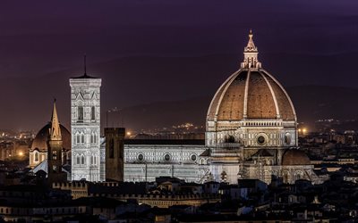 Santa Maria del Fiore, la catedral, la tarde, la noche, las atracciones de Florencia, en la Toscana, Bellariva, Italia