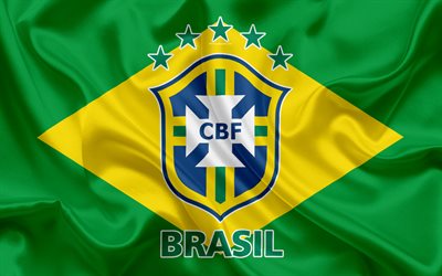 Brasile squadra nazionale di calcio, logo, stemma, bandiera del Brasile, federazione gioco calcio, Campionato del Mondo di calcio, di seta texture