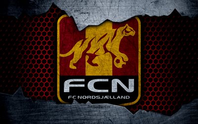 Nordsjaelland, 4k, logo, soccer, Danish Superliga, football club, Denmark, grunge, metal texture, Nordsjaelland FC