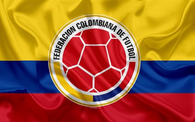 Kolumbian jalkapallomaajoukkue, logo, tunnus, Kolumbian lippu, jalkapalloliitto, Mm-Kisat, jalkapallo, silkki tekstuuri