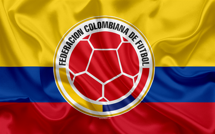 kolumbien national football-team, logo, emblem, flagge von kolumbien, fu&#223;ball-verband, world championship, fu&#223;ball, seide textur