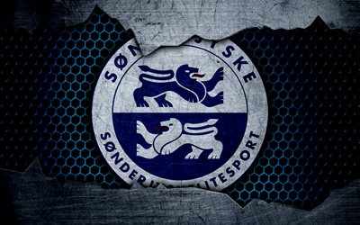 Sonderjyske, 4k, logo, soccer, Danish Superliga, football club, Denmark, grunge, metal texture, Sonderjyske FC