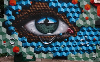 graffiti, occhio piange, disegni sul muro, arte, occhi