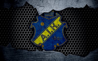 AIK, 4k, logo, Allsvenskan, futebol, clube de futebol, Su&#233;cia, grunge, textura de metal, AIK FC