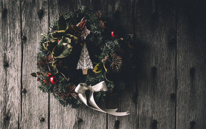 Corona de navidad, decoraci&#243;n de Navidad, &#225;rbol de Navidad de madera, textura, 2018 A&#241;o Nuevo