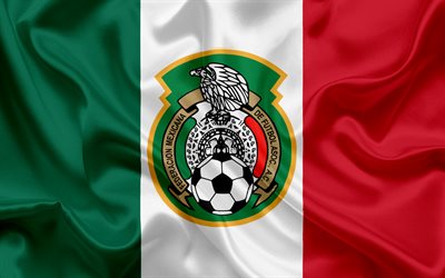 Meksikon jalkapallomaajoukkue, logo, tunnus, lippu Mexico, jalkapalloliitto, Mm-Kisat, jalkapallo, silkki tekstuuri