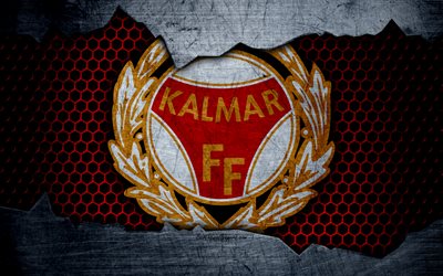 Kalmar, 4k, logo, Allsvenskan, soccer, football club, Sweden, Kalmar FF, grunge, metal texture, Kalmar FC