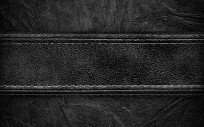 En cuir noir, 4K, le cuir de texture, de couture, de noir, de texture, en cuir