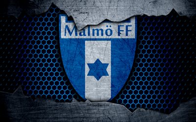 Malmo, 4k, logo, Allsvenskan, soccer, football club, Sweden, Malmo FF, grunge, metal texture, Malmo FC