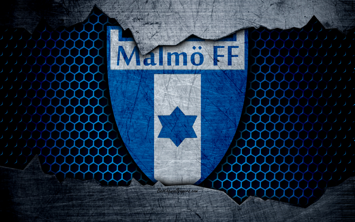 مالمو, 4k, شعار, الدوري السويدي الممتاز, كرة القدم, نادي كرة القدم, السويد, Malmo FF, الجرونج, الملمس المعدني, نادي مالمو