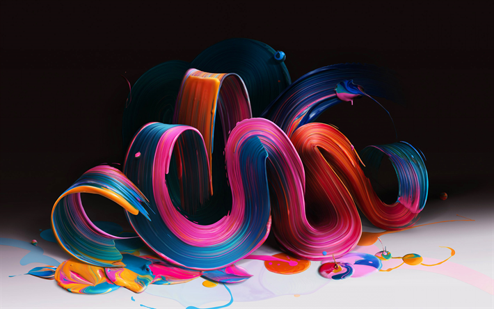 multicolored paint, 3d waves, bends, curves, art, darkness
