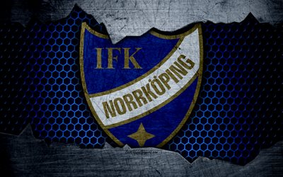 norrk&#246;ping, 4k, logo, premier league, fussball, fu&#223;ball-club, schweden, grunge metall textur, fc norrk&#246;ping